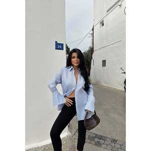 Hauts pour femmes en coton et mousseline rayés à col montant bleu Romi, coupe décontractée, tailles XS-XL, pour le bureau, les fêtes, les saisons automne et printemps - Product Image 5