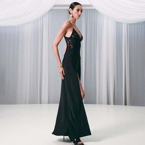 Vestido de noche largo estilo europeo-americano con encaje, cintura natural, escote corazón y abertura, ideal para banquetes, fiestas y escenarios. - Product Image 3