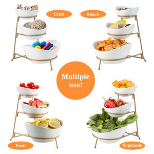 Ensemble de bols à fruits de luxe moderne, motif carré, plateau de service ovale en porcelaine avec support métallique, pack de trois plats pour usage domestique - Product Image 4