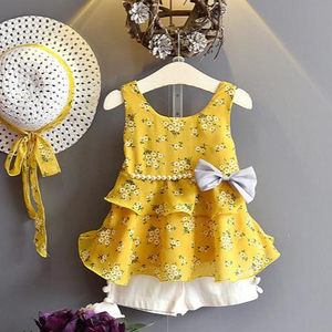 Summer Children Kids Girls Korean Yellow Color Casual <b>Dresses</b> With Jewelry and Bow-knot Decorated - Product Image 2