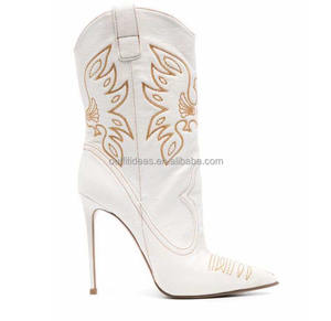 Vintage Pointed Toe Sexy Cowboy <strong>Boots</strong> Stiletto White Leather <strong>Boots</strong> for <strong>Women</strong> Le <strong>S</strong> Western 140mm Embroidered Leather Cowboy <strong>Boots</strong> - Product Image 1