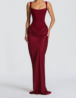 Robe longue de soirée chic décontractée pour femme, col carré, bretelles réglables, dos nu, sexy, à volants superposés, plissée
