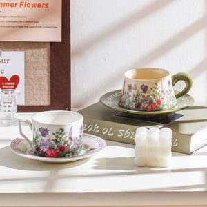 Tasses à café et soucoupes en céramique style rétro chinois, motif orchidée verte, sans danger pour les aliments, compatibles lave-vaisselle et micro-ondes - Product Image 1