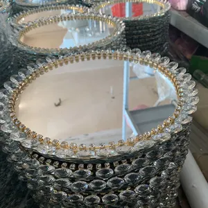 Wholesale wedding event dinnerware rhinestones crystal glass mirror charger plates with diamond stone rim