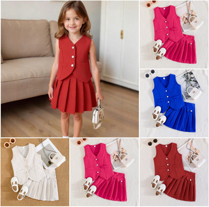 Abbigliamento Estivo per Bambine, Gilet Senza Maniche <span class=keywords><strong>con</strong></span> Scollo a <span class=keywords><strong>V</strong></span> e Bottoni, Gonna Plissettata, Nuovi Vestiti per Bambini all'Ingrosso - Product Image 2