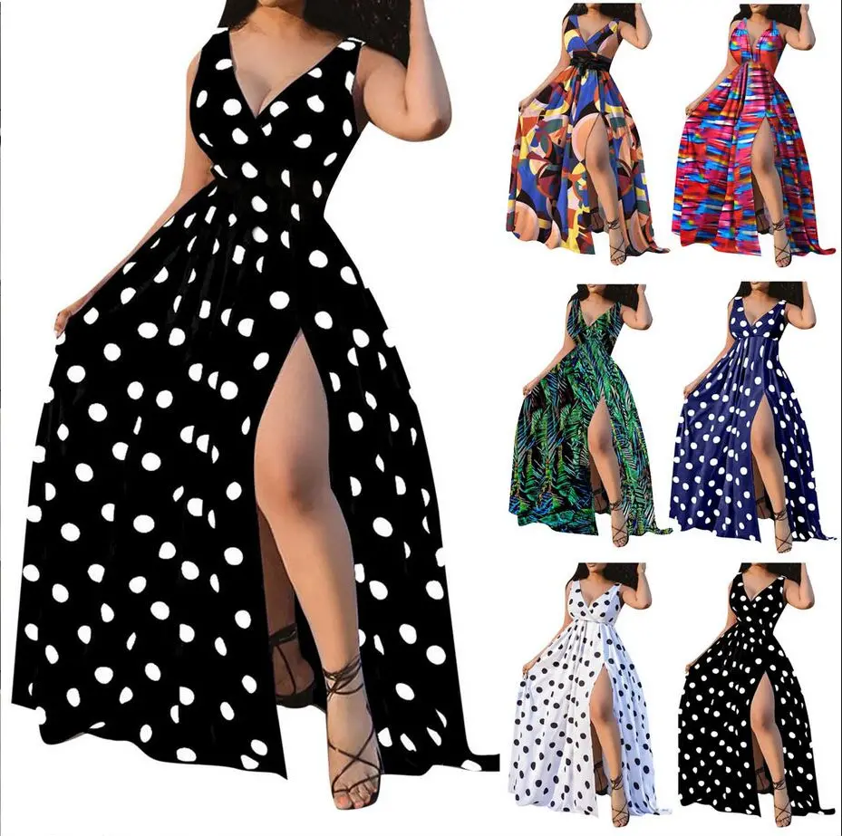 New Arrival Elegant Casual Sleeveless Deep V-Neck Long Dress Summer Side Slit Dot Print Maxi Dresses For Women