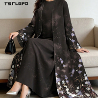 Ensemble Abaya ouverte pour femme, imprimé floral noir, avec manches évasées à sequins violet, bleu et lavande, élégant, modeste, musulman, deux pièces, style maxi kimono