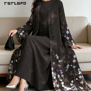 Women Black Floral Print Open Abaya Set Purple Blue Lavender <b>Sequin</b> <b>Flared</b> Sleeve Modest Muslim Elegant Two Piece Maxi Kimono - Product Image 2
