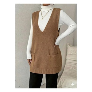 Women's Camel V-Neck Knitted Vest Sleeveless Long With Pockets Casual Wear - Product Image 1