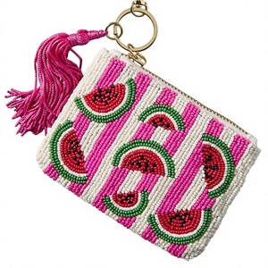 Beaded Watermelon Pattern <b>Coin</b> <b>Purse</b> Mini Zipper Closure Handmade Bohemian Style Wrist Strap Unisex - Product Image 1