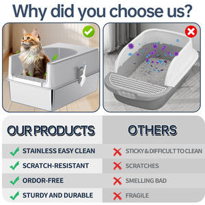 Caja de arena para gatos MSP-03 de acero inoxidable, 61x44x19cm, rectangular, de metal y plástico, a prueba de salpicaduras, para gatos adultos - Product Image 2