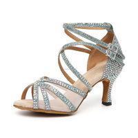 Chaussures de Danse Latine Professionnelles pour Adultes Femmes, Talons Hauts avec Décorations Diamant Noir Bleu & Or 7,5 cm