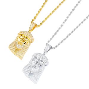 Wholesale Men's Moissanite 925 Silver Hip Hop Gold Plated Big Jesus Head Pendant Tennis Cuban <b>Rope</b> <b>Chain</b> Necklace - Product Image 1