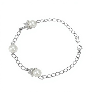 Bracelet chaîne classique en argent sterling 925 plaqué rhodium avec perles d'eau douce et motif croix, pour femme, idéal pour le quotidien ou comme cadeau - Product Image 4