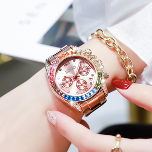 นาฬิกาผู้หญิงแฟชั่นวงกลมสีรุ้งเพชรปฏิทินนาฬิกากันน้ำสายเหล็ก - Product Image 1