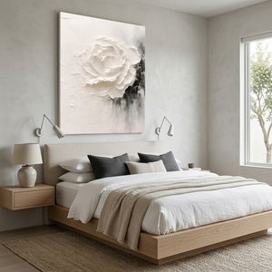 Peinture à l'huile moderne de rose blanche texturée en 3D sur toile |   Art mural abstrait peint à la main de luxe pour la décoration d'hôtels et de maisons, taille personnalisée - Product Image 4