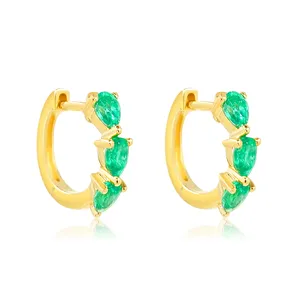 925 Sterling Silver 18K Gold Plated Triple Pear Emerald Gemstone Huggies Earring Jewelry for Girls