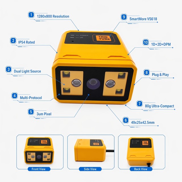 IP54 Compact Industrial 2D Code Reader with Multi Interfaces, Fixed Mount Barcode Imager for PV Module Inspection