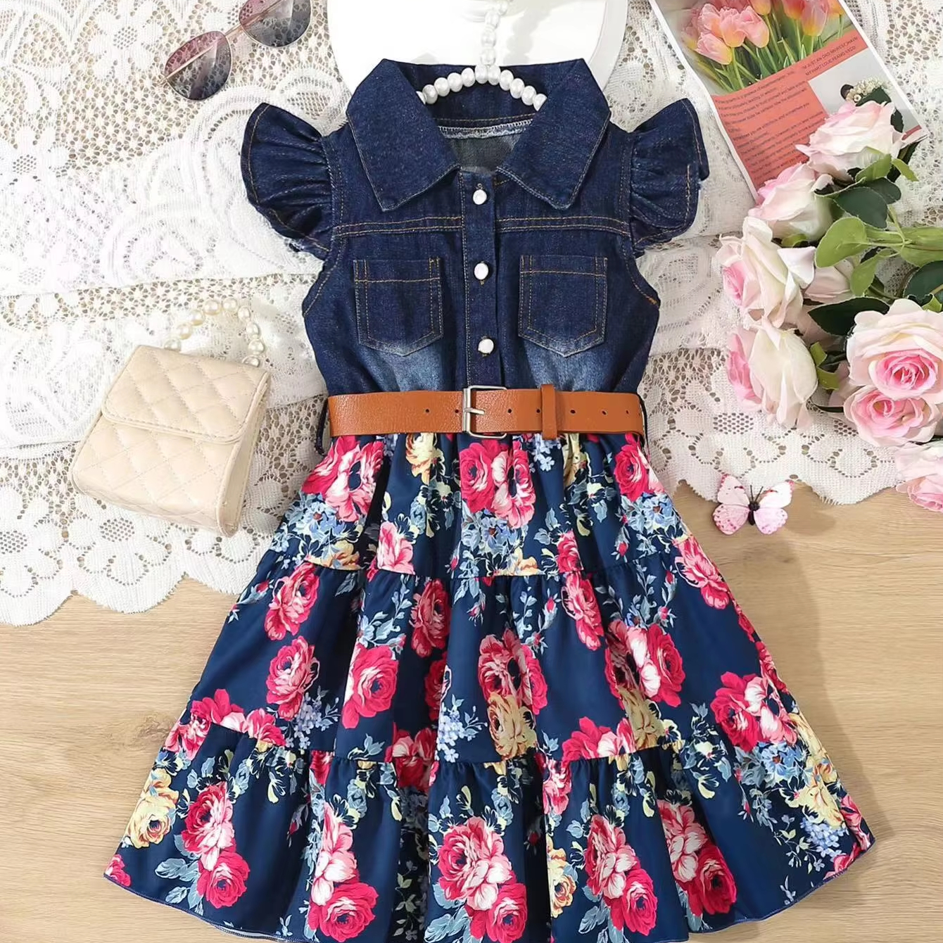 ameri DENIM LIKE FLOWER DRESS Ameri FLOWER CUT JACQUARD