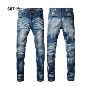 Stock di alta qualità da uomo elasticizzato Slim Fit strappati in Denim traspirante alla moda con Applique stampa strappata di mezza vita - Product Image 2