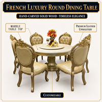 Table à manger ronde en bois massif français avec plateau en marbre. Convient aux villas de luxe, aux hôtels et aux salles de banquet.