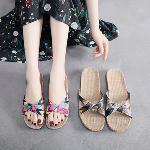 Summer for for <b>Men</b> Women Thick Sole Non Slip Indoor Use Rubber Sole Straw Upper Checkered Pattern Sweat Absorbent Home - Product Image 1