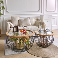 Table basse en bois avec plateau en verre, style farmhouse, structure métallique artisanale et durable, facile à assembler, meubles de salon