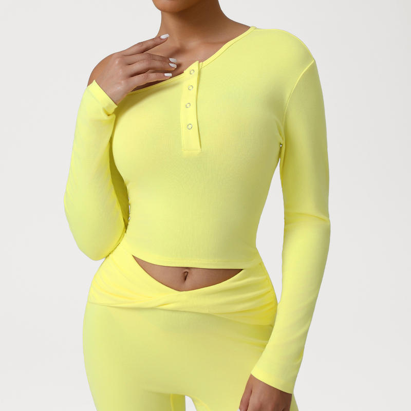 JY Women's Lightweight Breathable Comfortable Yoga Sports Undershirt Slim-Fitting Off-the-Shoulder Fitness T-Shirt Long Sleeves
