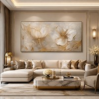 Peinture à l'huile panoramique artisanale sur toile, fleurs dorées et blanches, texture impasto 3D, pour décoration murale de hall de luxe