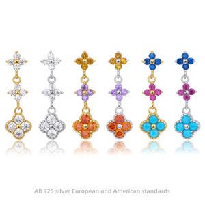 Anting-anting Baru Model Rumbai Panjang Berwarna-warni Bentuk Semanggi Berdaun Empat, Perak 925 Berlapis Emas dengan Zirkon, Anting Bunga, Hadiah Pernikahan untuk Wanita - Product Image 2