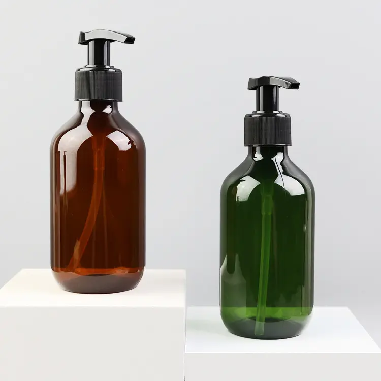 Nachfüllbare 300ml 500ml bernstein farbene runde Shampoo flaschen aus Haustier plastik mit Lotion pumpe