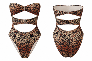 ชุดว่ายน้ำวันพีซลายเสือดาวสำหรับผู้หญิง แบบไร้สายรัดคอ ตัดเว้าแบบ Bandeau เอวสูง ประดับด้วยคริสตัล - Product Image 2
