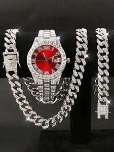 Ensemble Montre et Bijoux pour <span class=keywords><strong>Homme</strong></span> : Montre Calendrier Incrustée de Strass, Collier et Bracelet Hip Hop (3 pièces) - Product Image 5