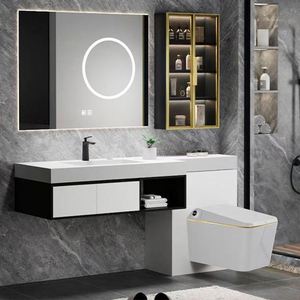 Ensemble de meuble-lavabo en bois noir moderne avec miroir gris monté, style nordique, pour hôtel, toilettes, salle de bain - Product Image 1