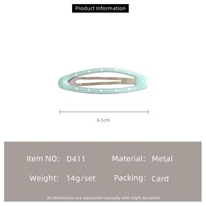 MUJU D411 Lot de 3 pinces à <span class=keywords><strong>cheveux</strong></span> métalliques à pois, ovales, émaillées, 6,5 cm, avec logo personnalisé, carte code-barres, prêtes à la vente au détail, pour enfants, faible MOQ - Product Image 6
