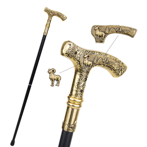 Canne de marche de luxe vintage dorée avec poignée en T, tête de chèvre en alliage et pointe en fer, portable, pour la randonnée en extérieur et la défense personnelle - Product Image 1