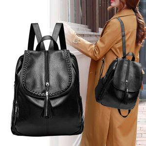 Wholesale All New Cheap Custom Logo Bag with Tassel Black Fashion College Bags Leather Backpack for Women School Bag - Product Image 2