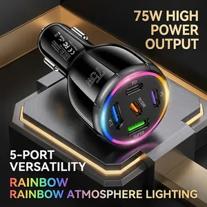 อะแดปเตอร์ชาร์จในรถยนต์ 5 พอร์ต 75W รองรับ PD 30W ชาร์จเร็ว พร้อมไฟ RGB 3 พอร์ต Type C และ 2 พอร์ต USB A ปลอดภัยสำหรับ iPhone 17 16 Pro - Product Image 2