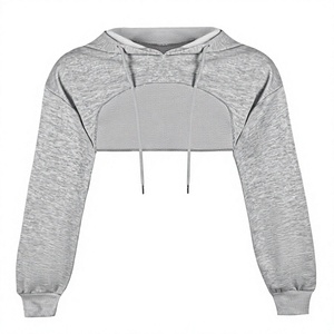Haut court à capuche en coton pour femme, manches longues, personnalisable avec logo, tricoté, respirant, couleur unie, collection automne, vente en gros - Product Image 1