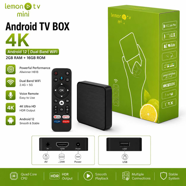 Lemon MINI Smart TV Box Allwinner H618 Android 12 4K HDR 2GB 16GB Dual Band WiFi With Voice Remote Home Media Set Top Box