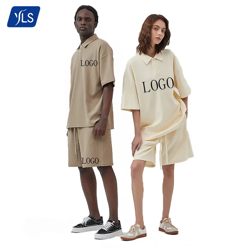 YLS Custom 3D Embroidery Logo 330 GSM Waffle Sportswear Short Sweat Suits Unisex Polo shirts And Shorts Sweatshirt Short sets