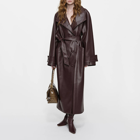 5224  Women's  Autumn/Winter New Sheepskin Large Collar Single Breasted Tie up Waist Long Coat Windbreaker Wholesale