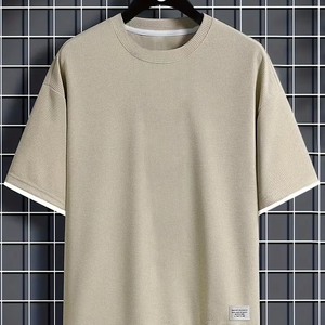 Dropshipping เสื้อยืดแขนสั้นลำลองของผู้ชาย-เสื้อคอกลมสีทึบโพลีเอสเตอร์ยืดและริบบิ้นเล็กน้อย - Product Image 1