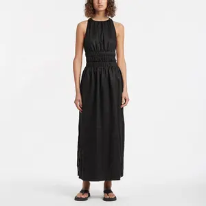Custom 2023 Fashion Clothing Sleeveless Elastic Waist Maxi Dress Summer Elegant Casual Ladies Backless Linen Dresses For Womens