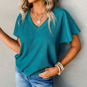 Venta al por mayor de encargo de las mujeres de verano Tops Casual camiseta de las mujeres ropa de color sólido de manga corta con cuello en V gran oferta de algodón liso camiseta - Product Image 2