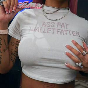 RNSHANGER-<span class=keywords><strong>Goth</strong></span> Rhinestone lettres pour femmes T-Shirts mode décontractée col rond manches courtes hauts courts Y2K été Sexy fille bébé Tee Top - Product Image 3