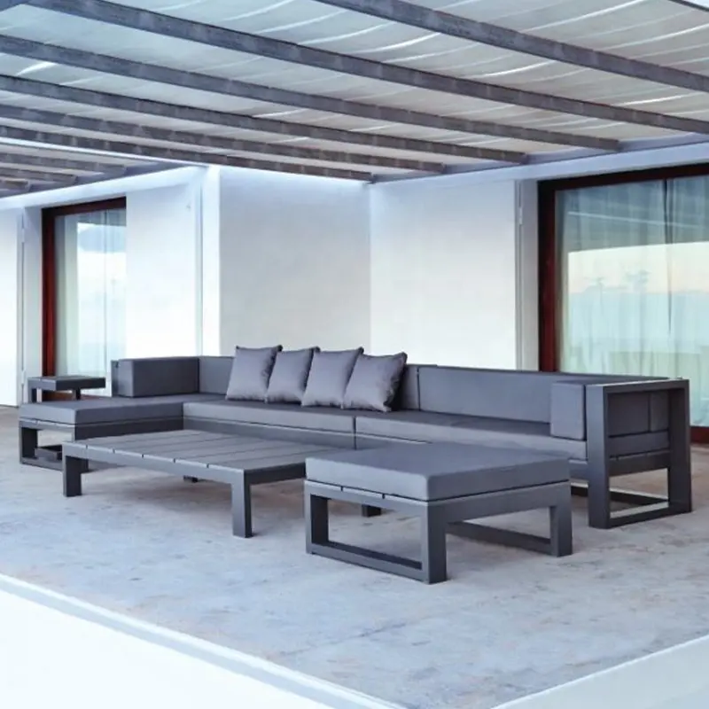 Sofa aluminium modern abu-abu gelap, sofa teras bentuk L, set furnitur luar ruangan taman logam modular