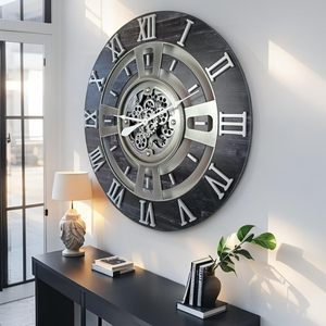 นาฬิกาแขวนผนัง HUATUO รุ่น Gears <span class=keywords><strong>Clock</strong></span> แบบเฟืองหมุนได้จริง ลายอังกฤษ (สีดำวินเทจ 24 นิ้ว (60 ซม.) ผลิตในอังกฤษ - Product Image 5
