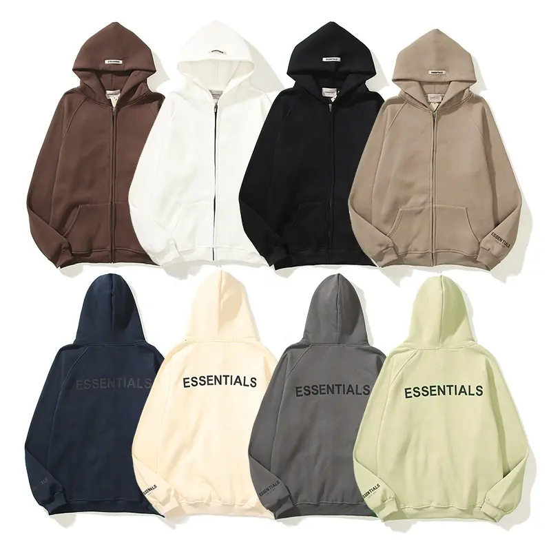 Custom Essentials Full Zip Up Herren Hoodies & Sweatshirts Logo Chenille Stickerei Blank Zip Up Hoodie