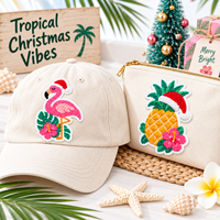 Patchs en chenille personnalisés sur le thème de Noël tropical : flamants roses, palmiers, ananas, patchs brodés à repasser pour la décoration des fêtes